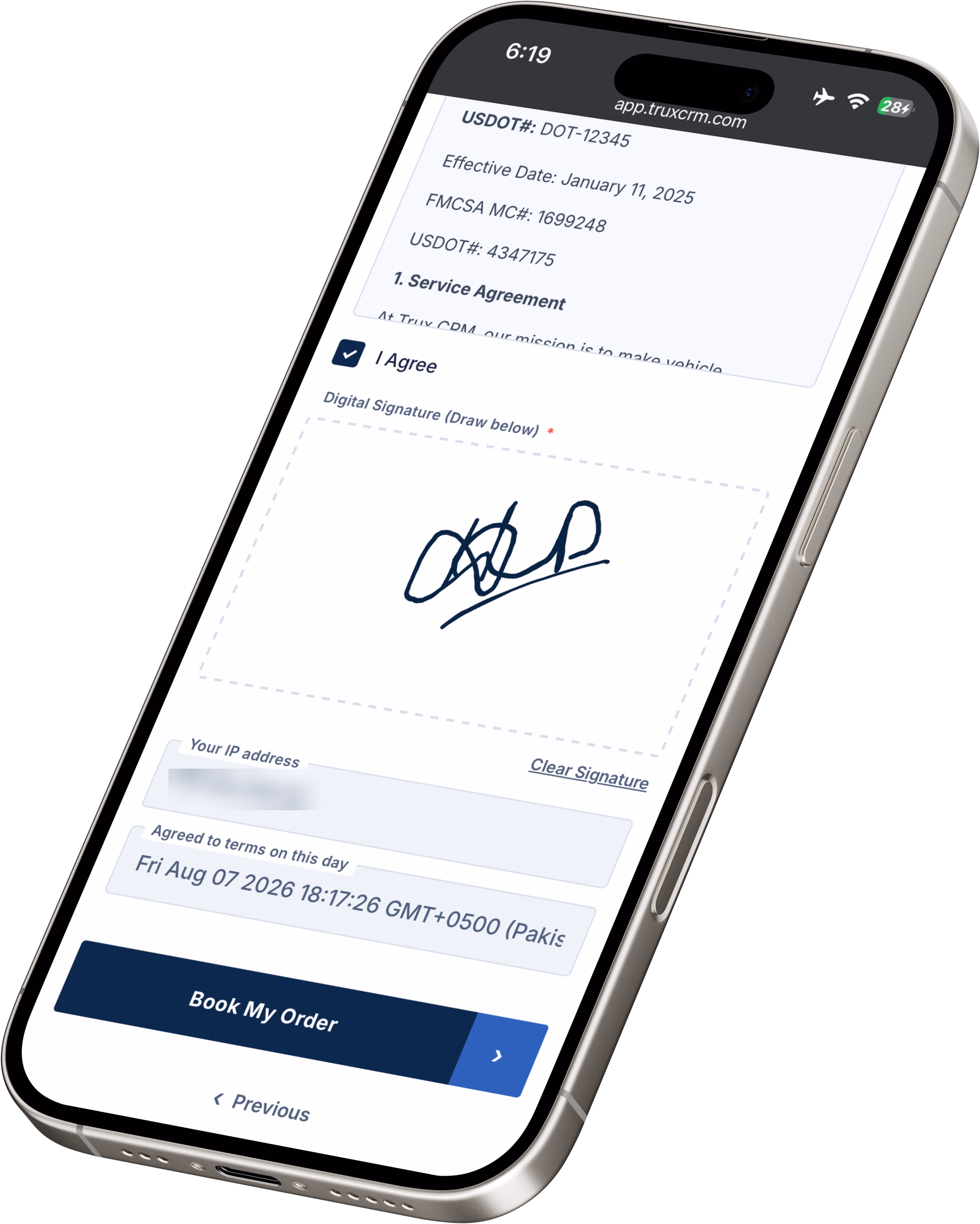 EDocs signature on smartphone in best auto transport CRM for brokers